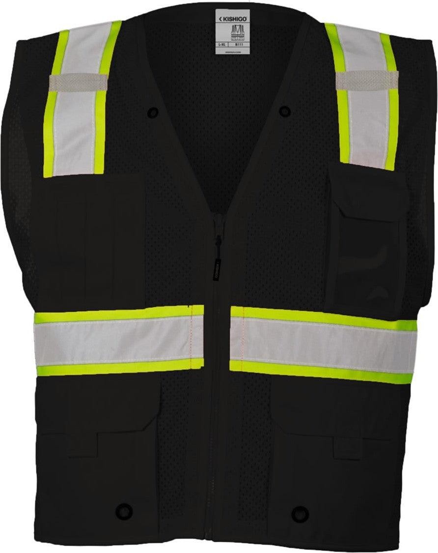 Front View of Black/ Lime - B100 EV Series® Enhanced Visibility Multi-Pocket Mesh Vest - B100-111