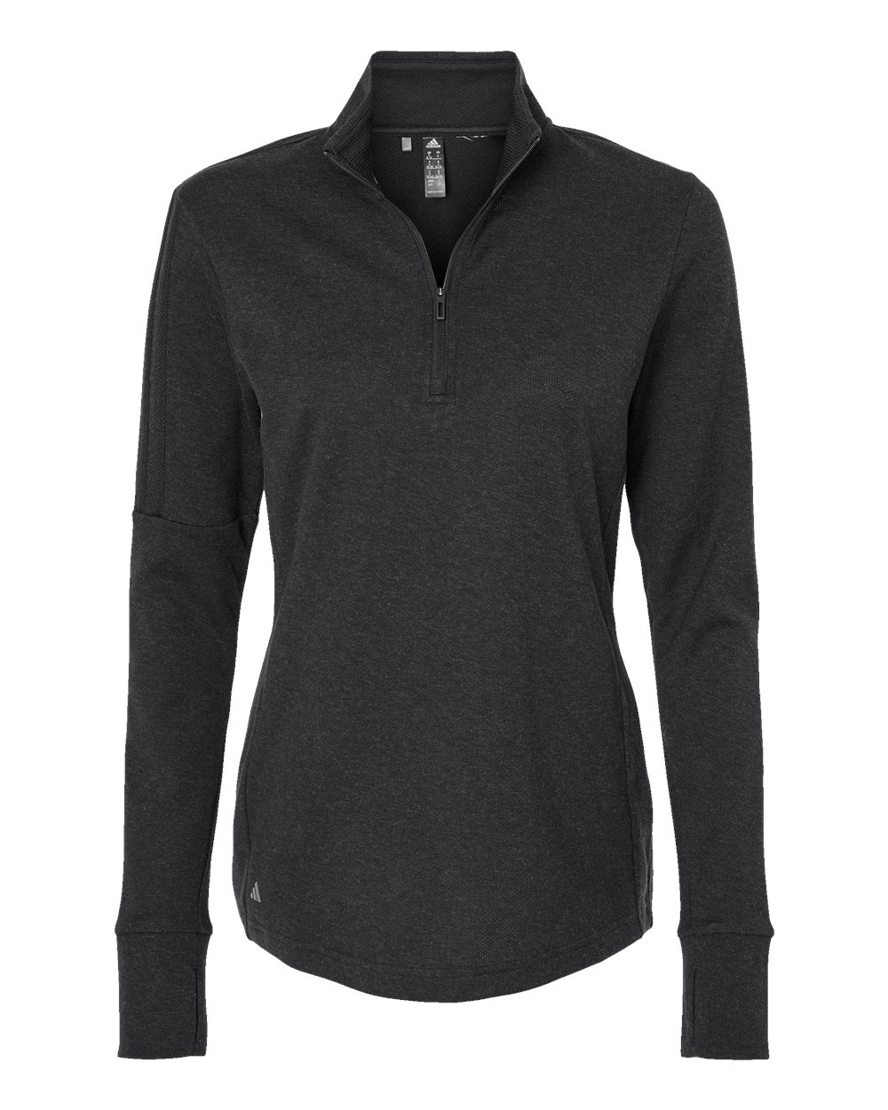 Front View of Black Melange Women's 3-Stripes Quarter-Zip Sweater - A555
