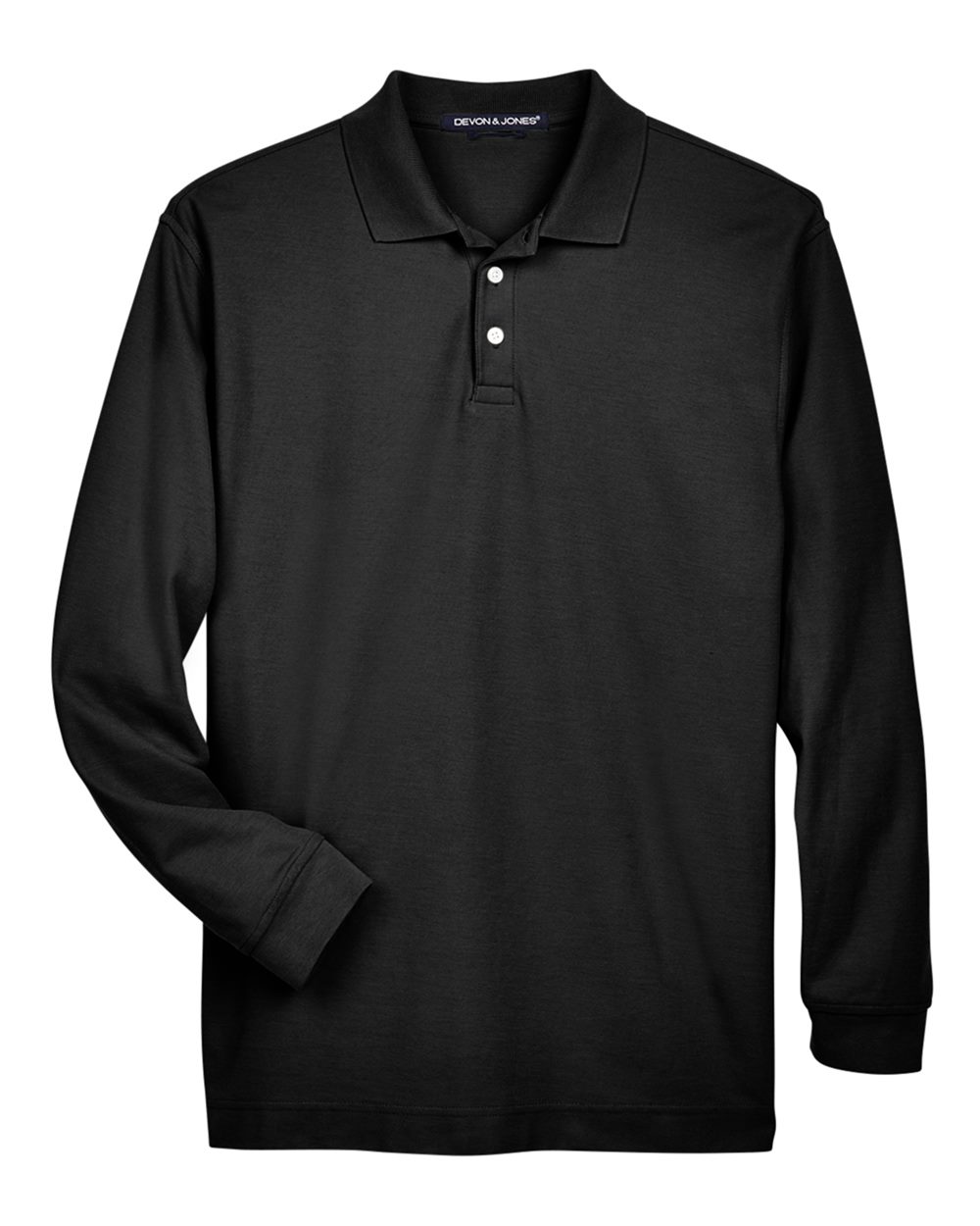 Front View of Black Men's Pima Piqué Long Sleeve Polo - D110