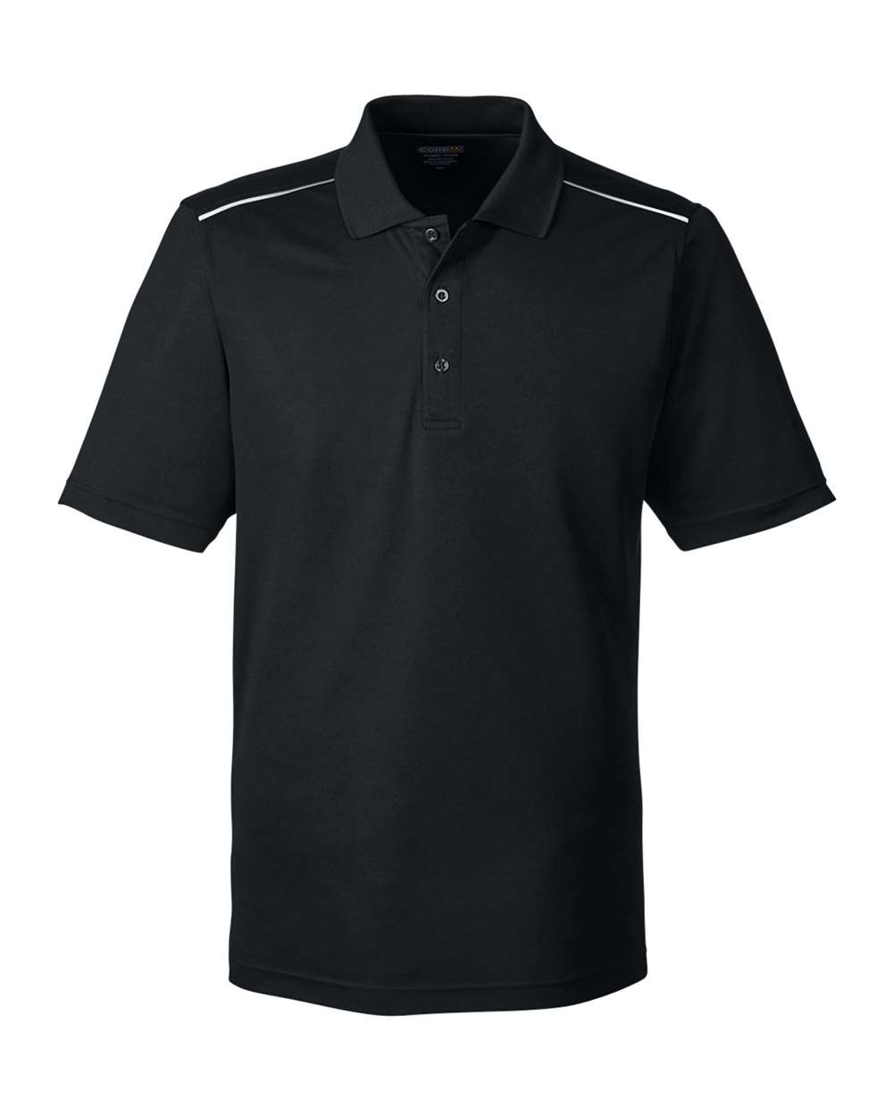 Front View of Black Men's Radiant Performance Piqué Polo with Reflective Piping - 88181R