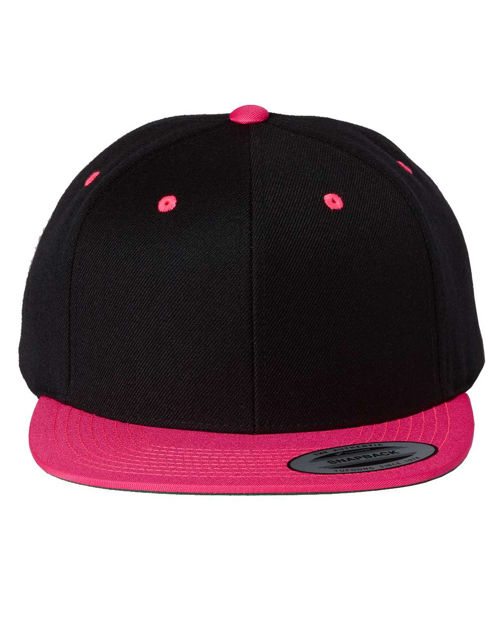Front View of Black/ Neon Pink Premium Flat Bill Snapback Cap - 6089M