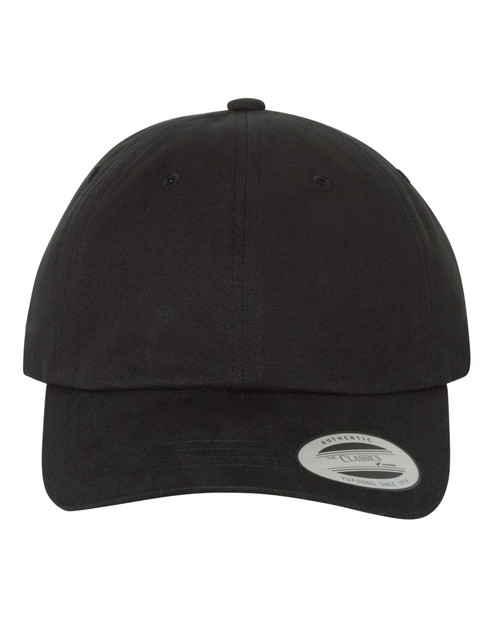 Front View of Black Peached Cotton Twill Dad Hat - 6245PT