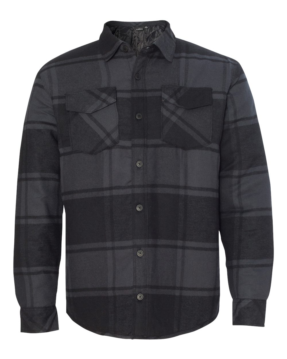 Front View of Black Plaid Quilted Flannel Shirt Jacket - 8610
