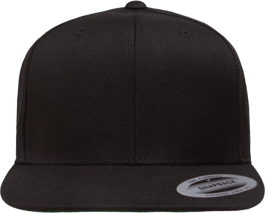 Front View of Black Premium Flat Bill Snapback Cap - 6089M