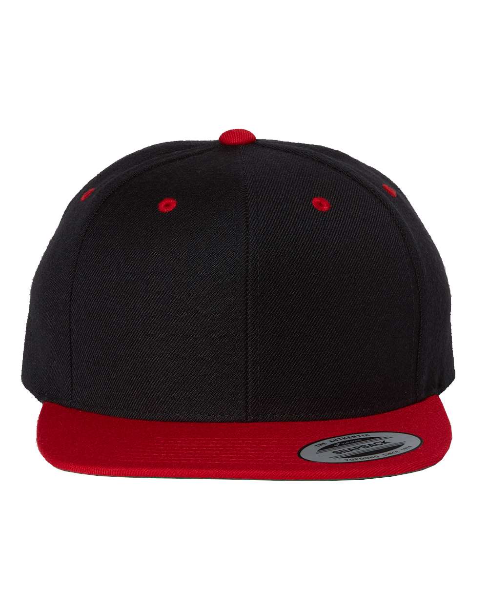 Front View of Black/ Red Premium Flat Bill Snapback Cap - 6089M