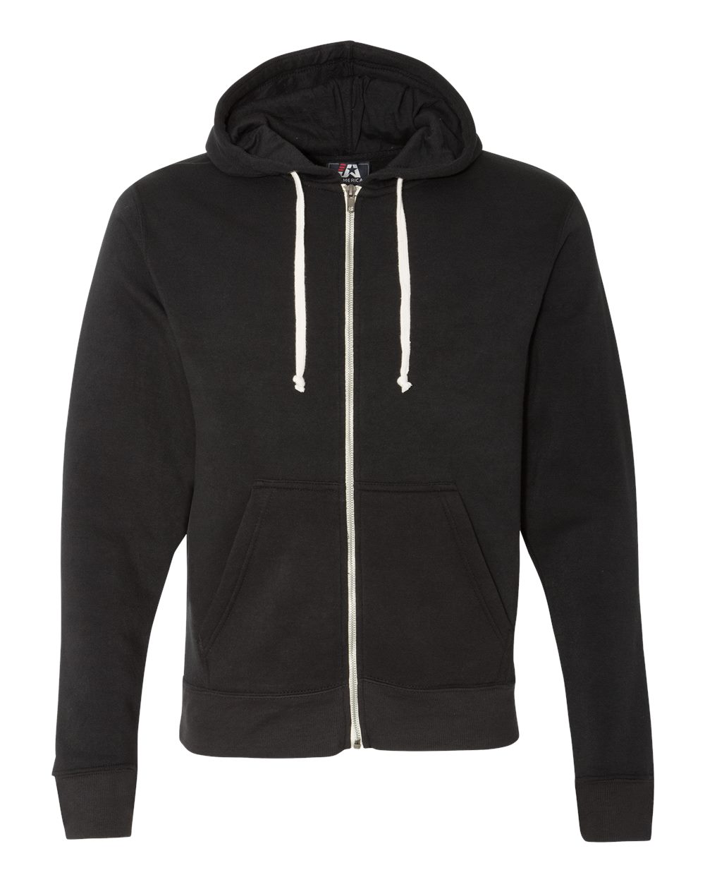 Front View of Black Solid Triblend Full-Zip Hooded Sweatshirt - 8872