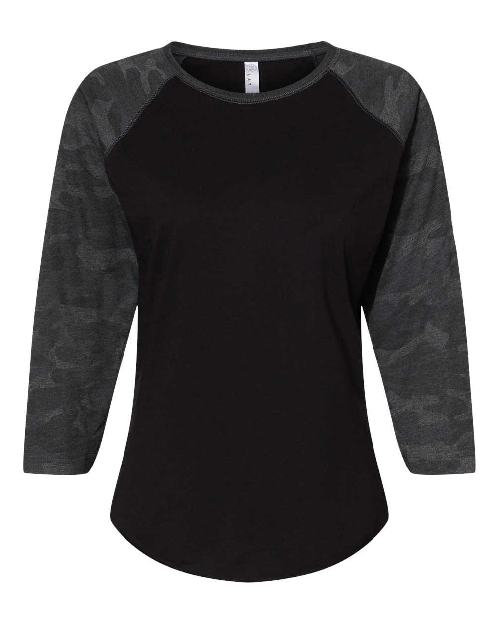 Front View of Black/ Storm Camo Women's Baseball Fine Jersey Three-Quarter Sleeve Tee - 3530