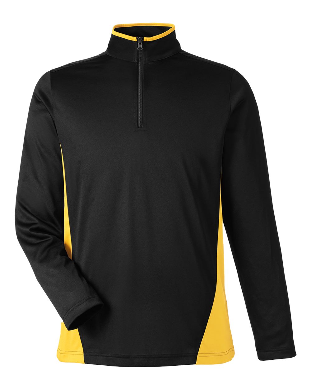 Front View of Black/ Sunray Yellow Men's Flash Snag Protection Plus IL Colorblock Quarter-Zip Pullover - M786