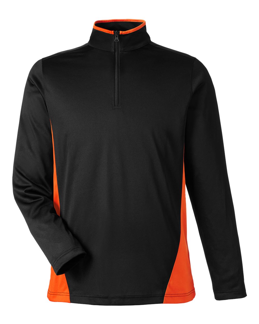 Front View of Black/ Team Orange Men's Flash Snag Protection Plus IL Colorblock Quarter-Zip Pullover - M786