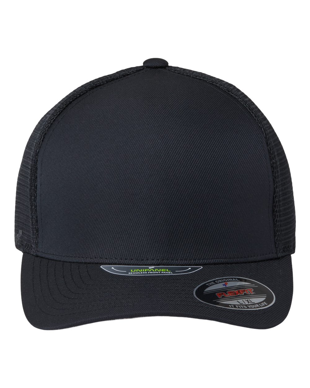 Front View of Black Unipanel™ Trucker Cap - 5511UP