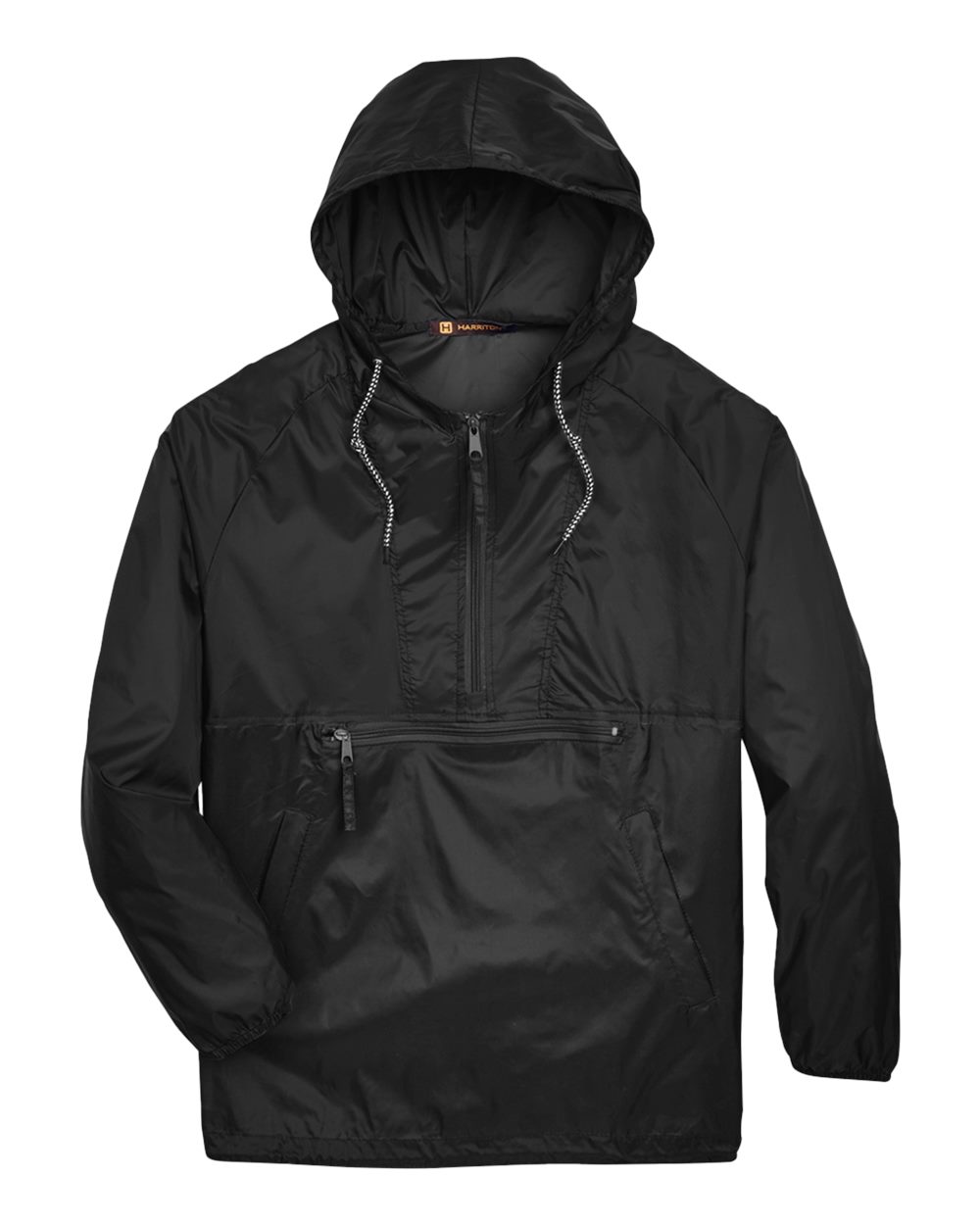 Front View of Black Unisex Packable Hooded Nylon Jacket - M750