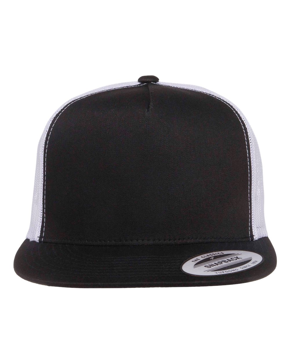 Front View of Black/ White Five-Panel Classic Trucker Cap - 6006