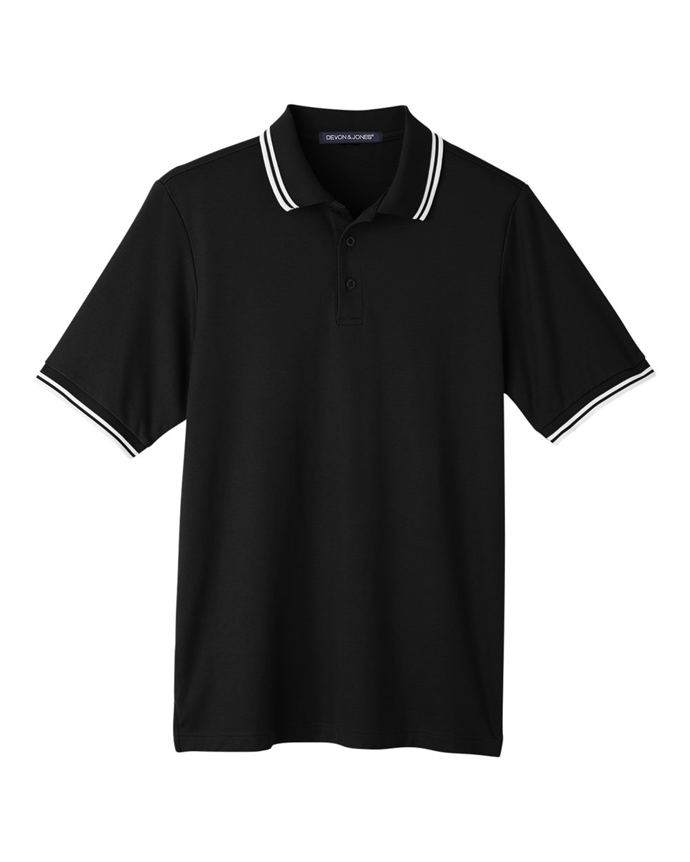 Front View of Black/ White Men's CrownLux Performance® Plaited Tipped Polo - DG20C