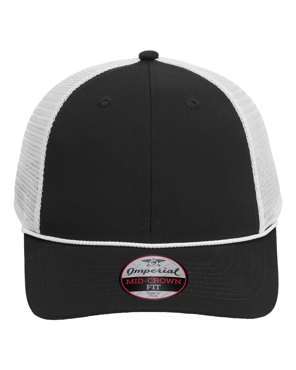 Front View of Black/ White The Night Owl Performance Rope Cap - 7055