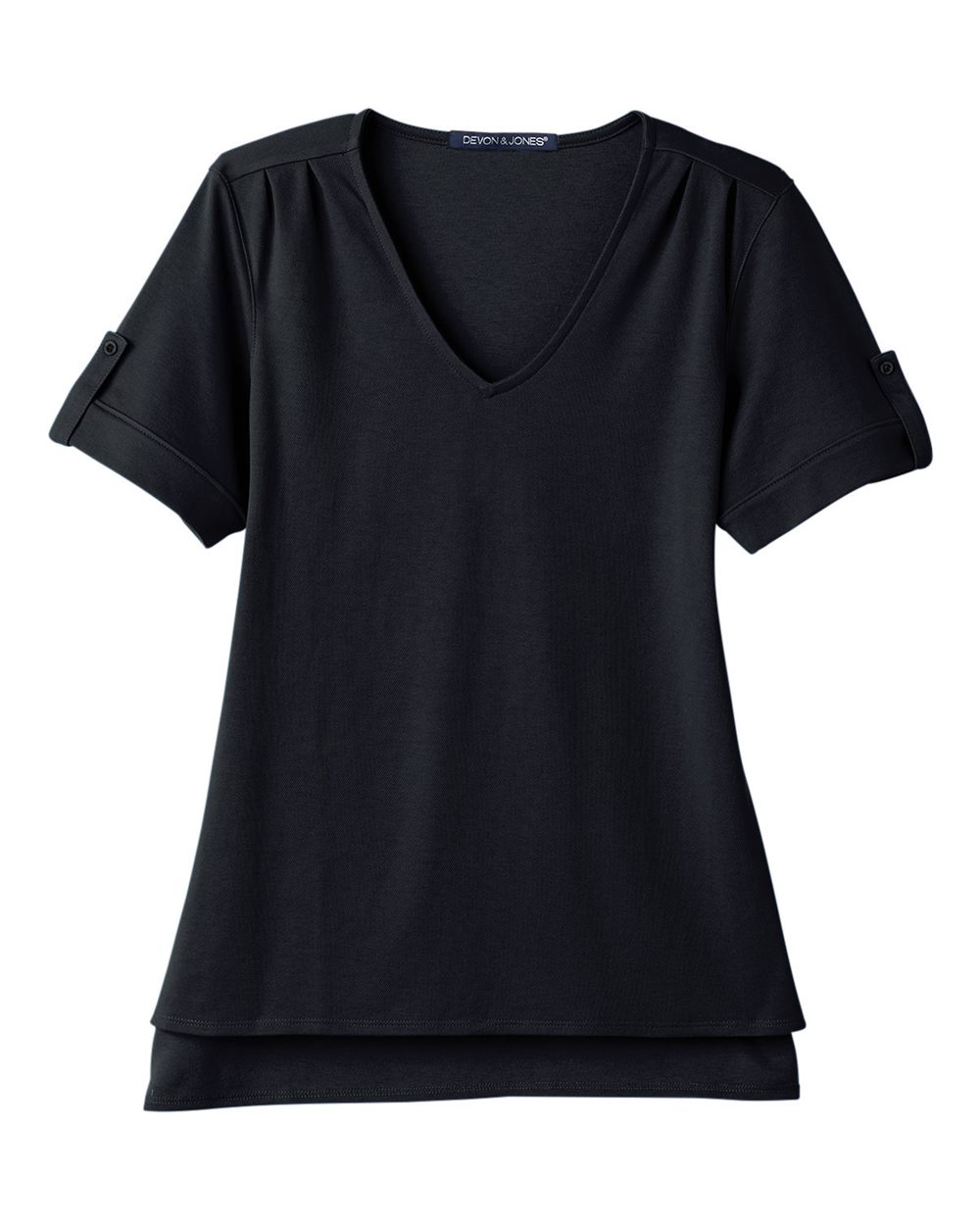 Front View of Black Women's CrownLux Performance® Plaited Rolled Sleeve Shirt - DG20WB