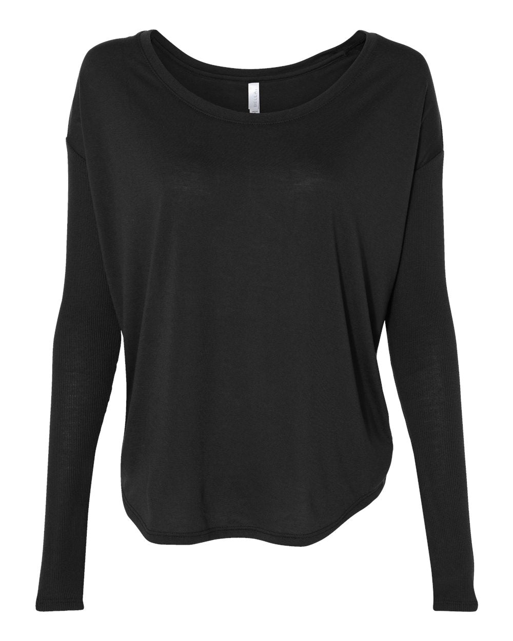 Front View of Black Women’s Flowy 2x1 Ribbed Long Sleeve Tee - 8852