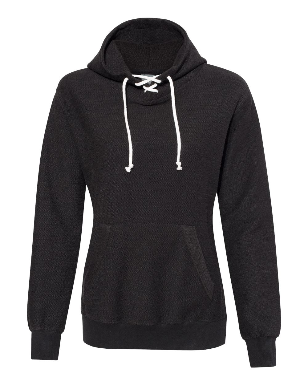 Front View of Black Women’s French Terry Sport Lace Scuba Hooded Pullover - 8694