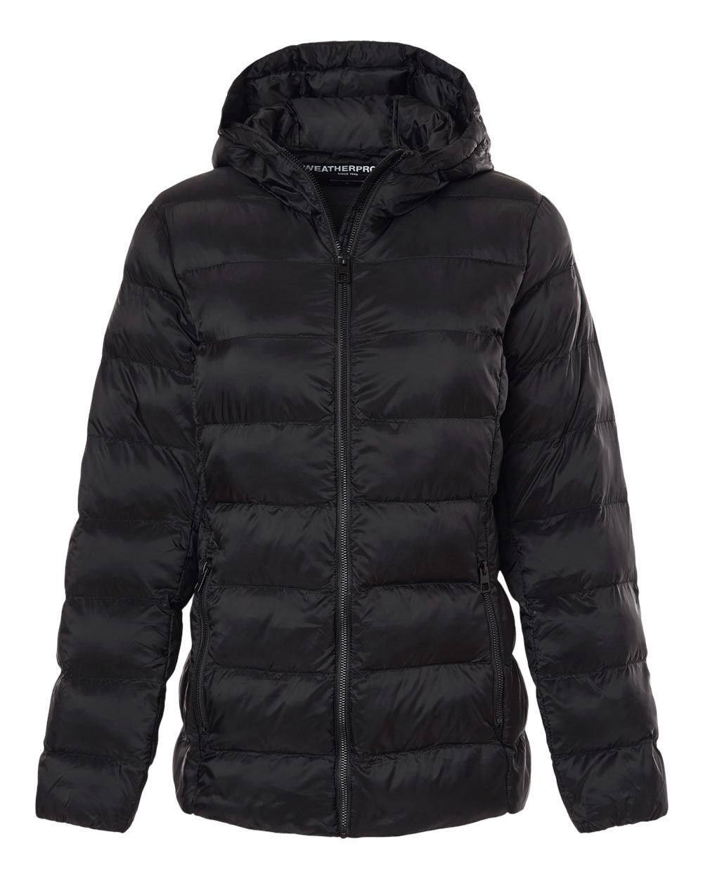 Front View of Black Women's Lightweight Poly-filled Hooded Puffer Jacket - W26715