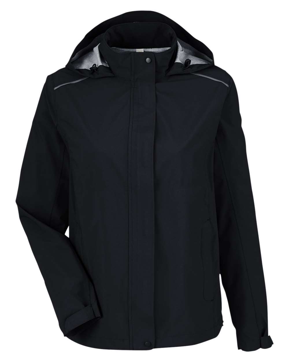 Front View of Black Women's Packable Rain Jacket - CE712W