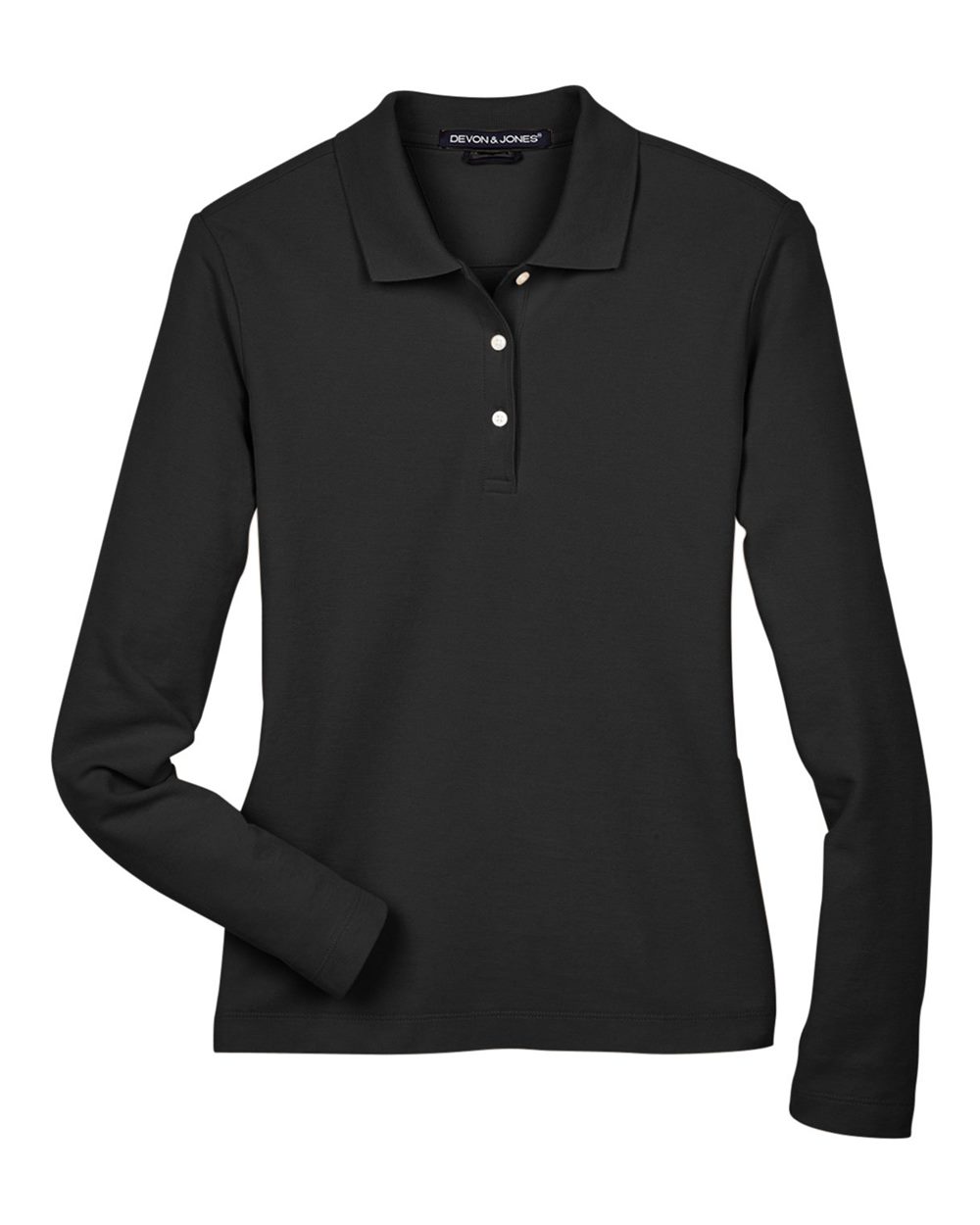 Front View of Black Women's Pima Piqué Long Sleeve Polo - D110W