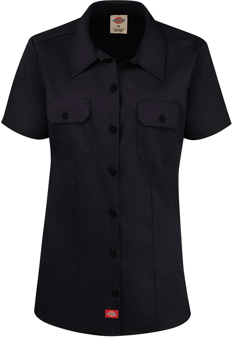 Front View of Black Women's Short Sleeve Work Shirt - FS57