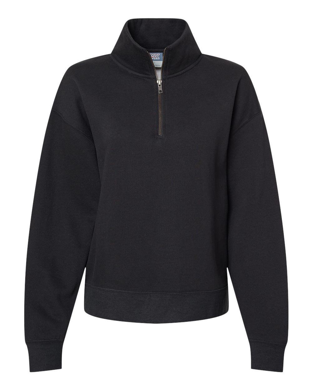 Front View of Black Women's Sueded Fleece Quarter-Zip Sweatshirt - W22713