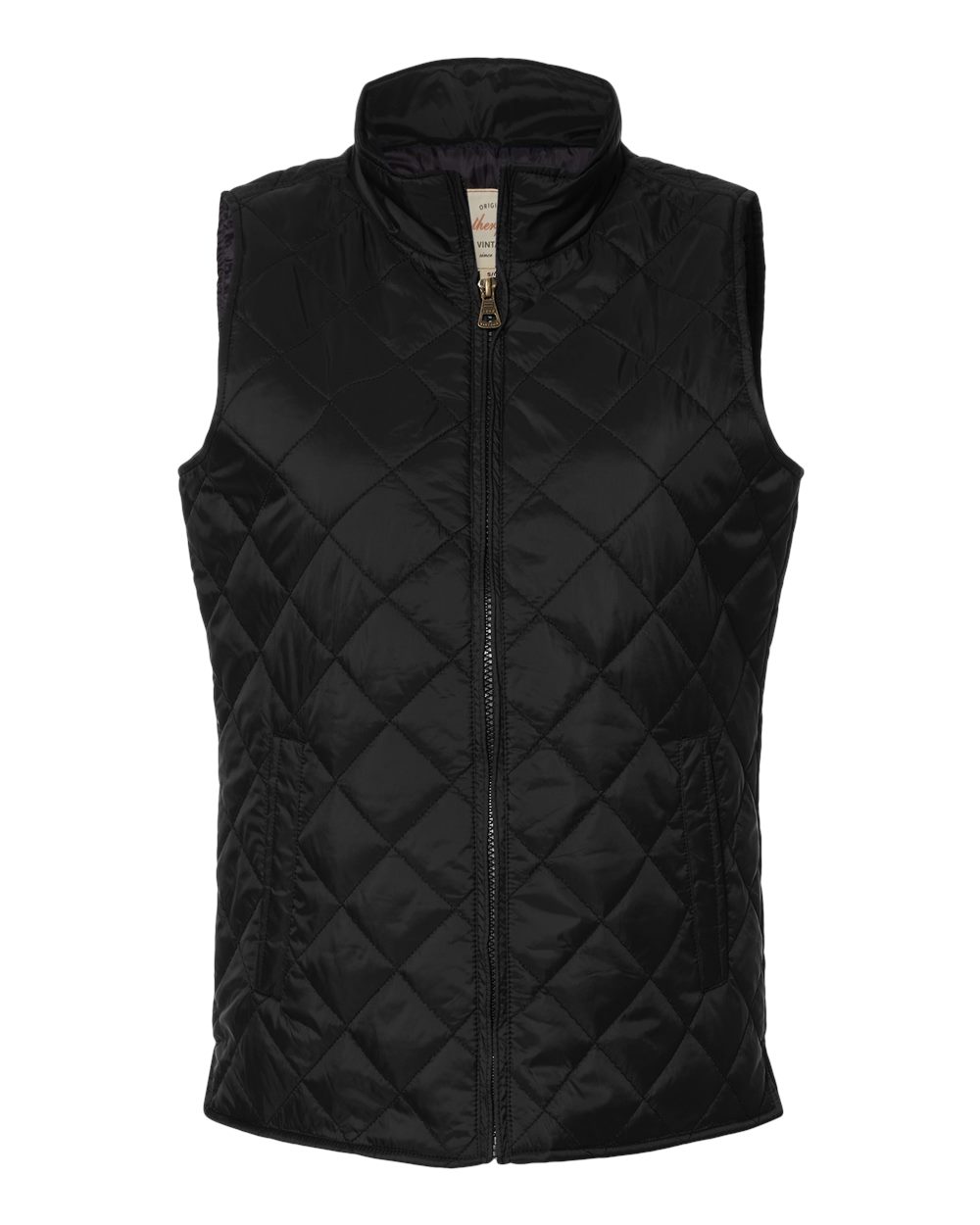 Front View of Black Women's Vintage Diamond Quilted Vest - W207359