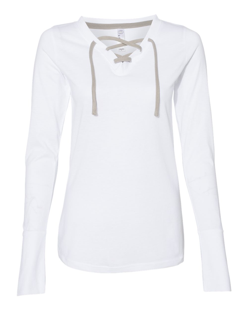 Front View of Blended White/ Titanium Women's Fine Jersey Lace-Up Long Sleeve T-Shirt - 3538