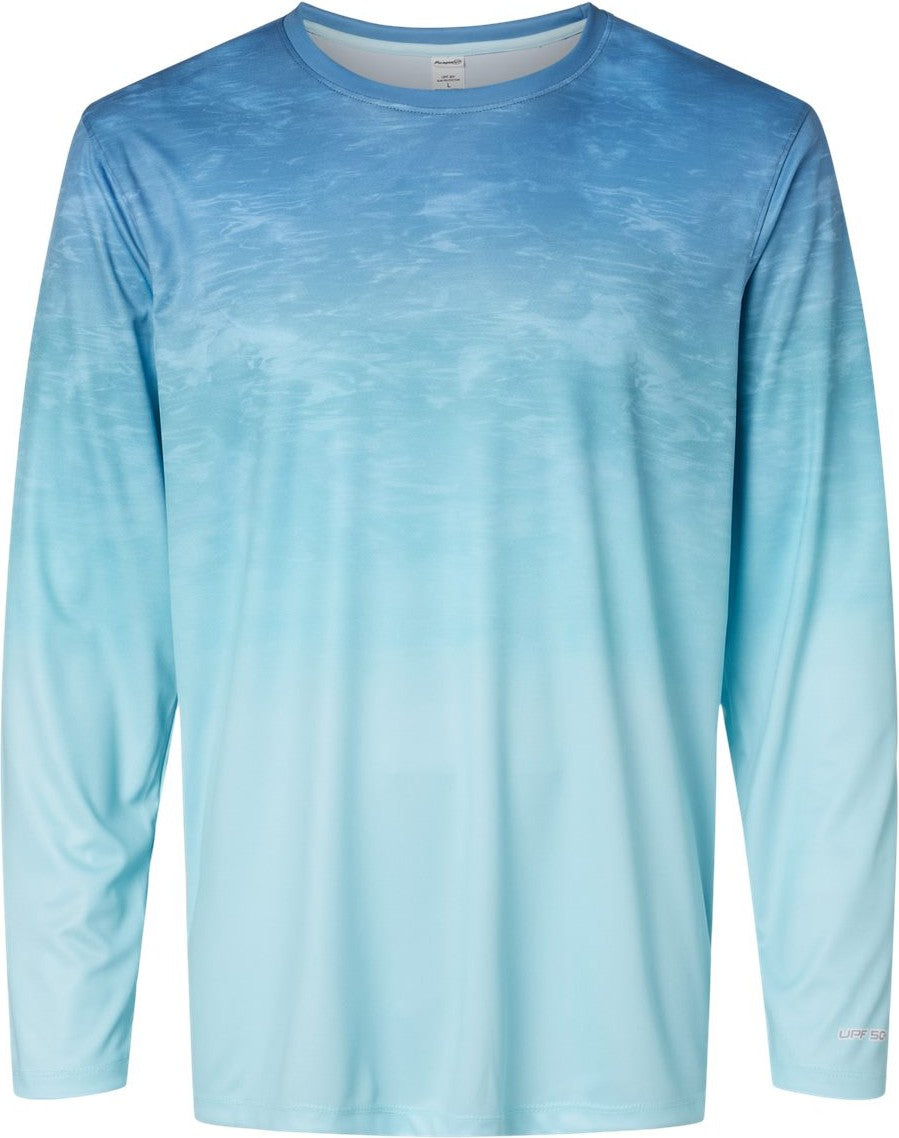 Front View of Blue Aqua Fade Montauk Oceanic Fade Performance Long Sleeve T-Shirt - 229