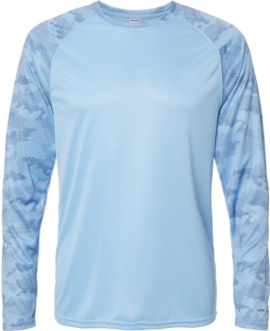 Front View of Blue Mist Cayman Performance Camo Colorblocked Long Sleeve T-Shirt - 216
