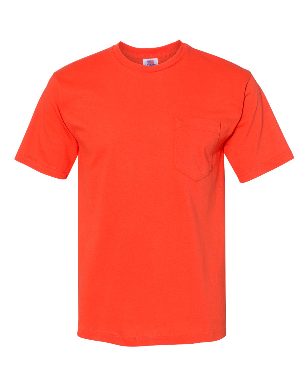 Front View of Bright Orange USA-Made Midweight Pocket T-Shirt - 5070