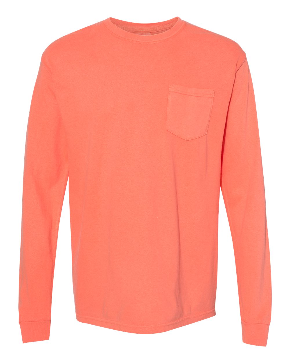 Front View of Bright Salmon Garment-Dyed Heavyweight Long Sleeve Pocket T-Shirt - 4410