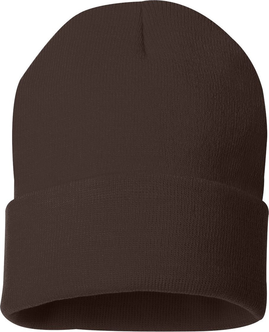 Front View of Brown 12" Solid Cuffed Beanie - SP12