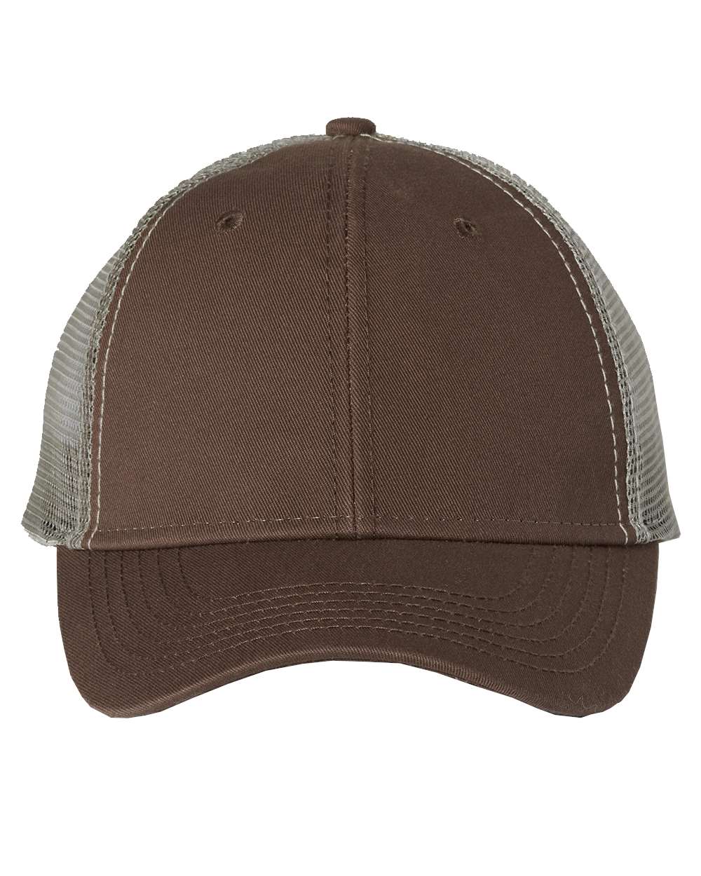 Front View of Brown/ Khaki Bio-Washed Trucker Cap - AH80