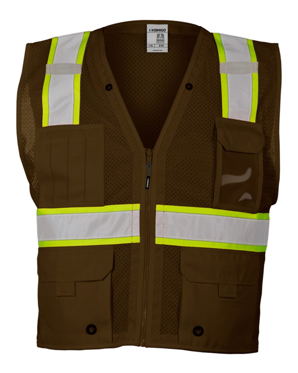 Front View of Brown/ Lime - B108 EV Series® Enhanced Visibility Multi-Pocket Mesh Vest - B100-111