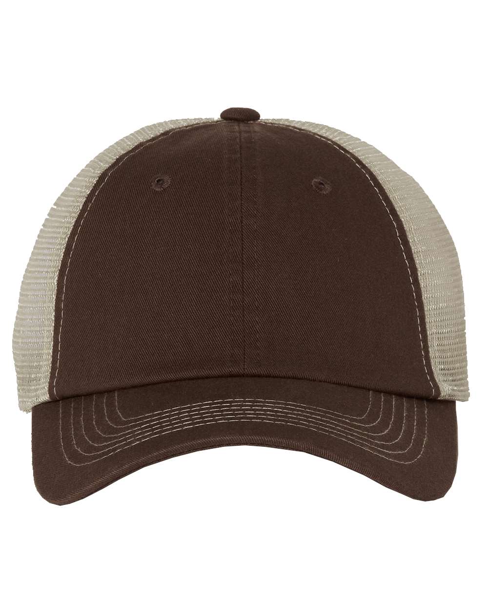Front View of Brown/ Stone Contrast-Stitch Mesh-Back Cap - 3100