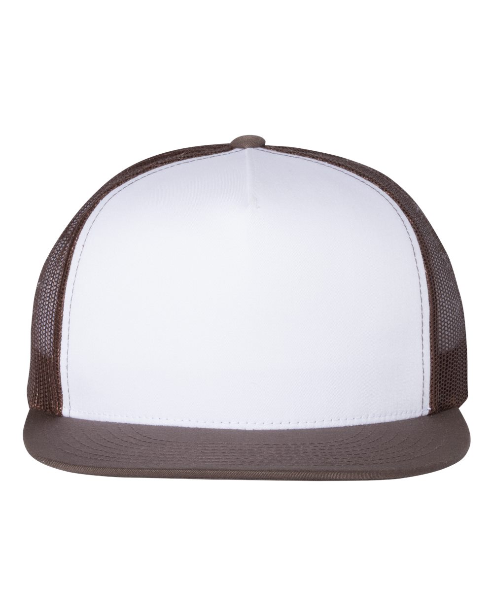 Front View of Brown/ White/ Brown Five-Panel Classic Trucker Cap - 6006