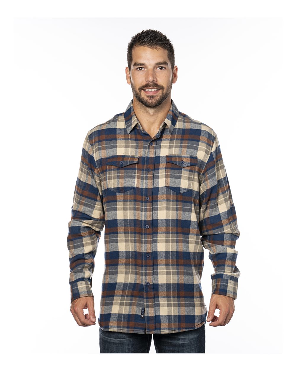 Front View of Brown Yarn-Dyed Flannel Shirt - 8210