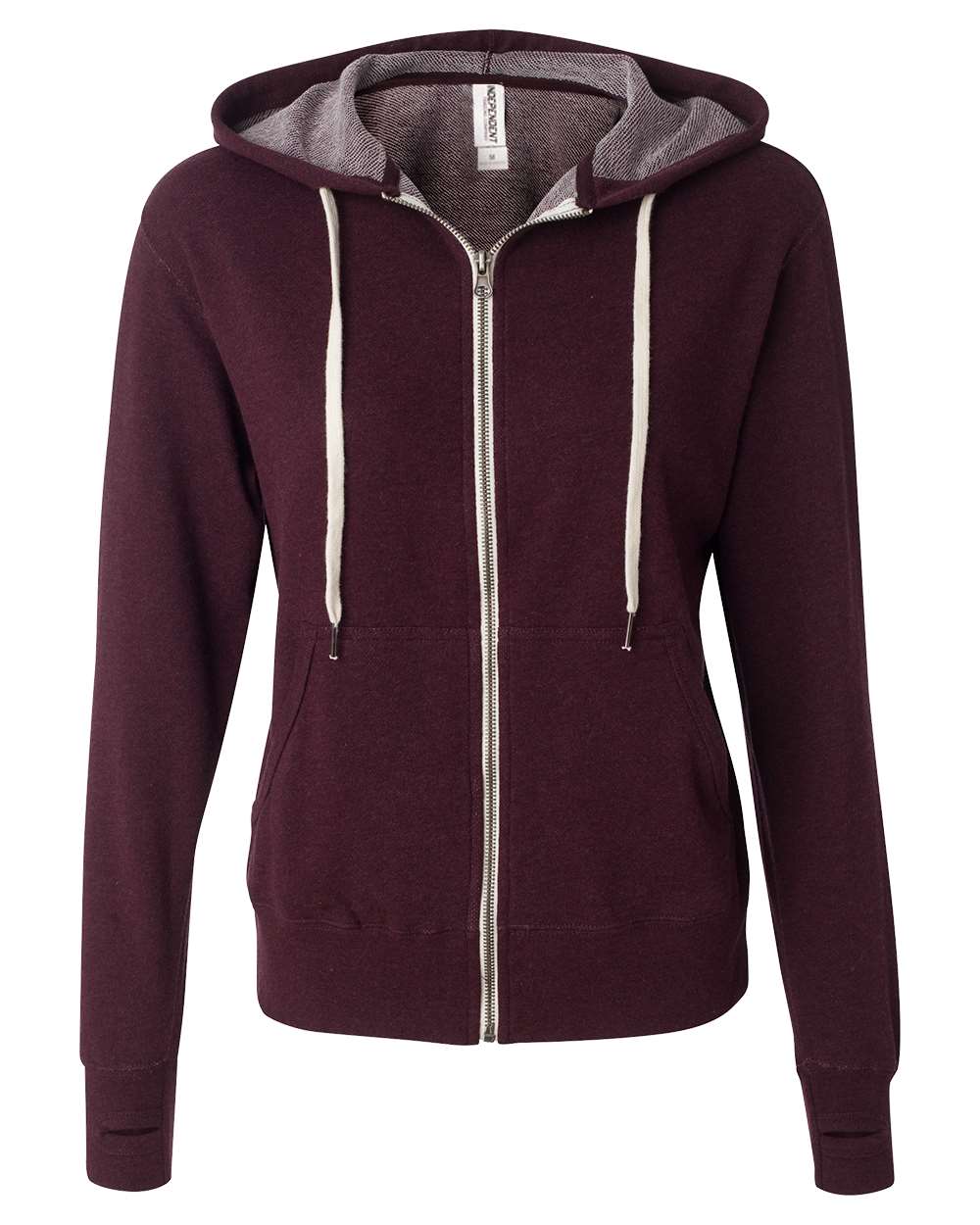 Front View of Burgundy Heather Heathered French Terry Full-Zip Hooded Sweatshirt - PRM90HTZ