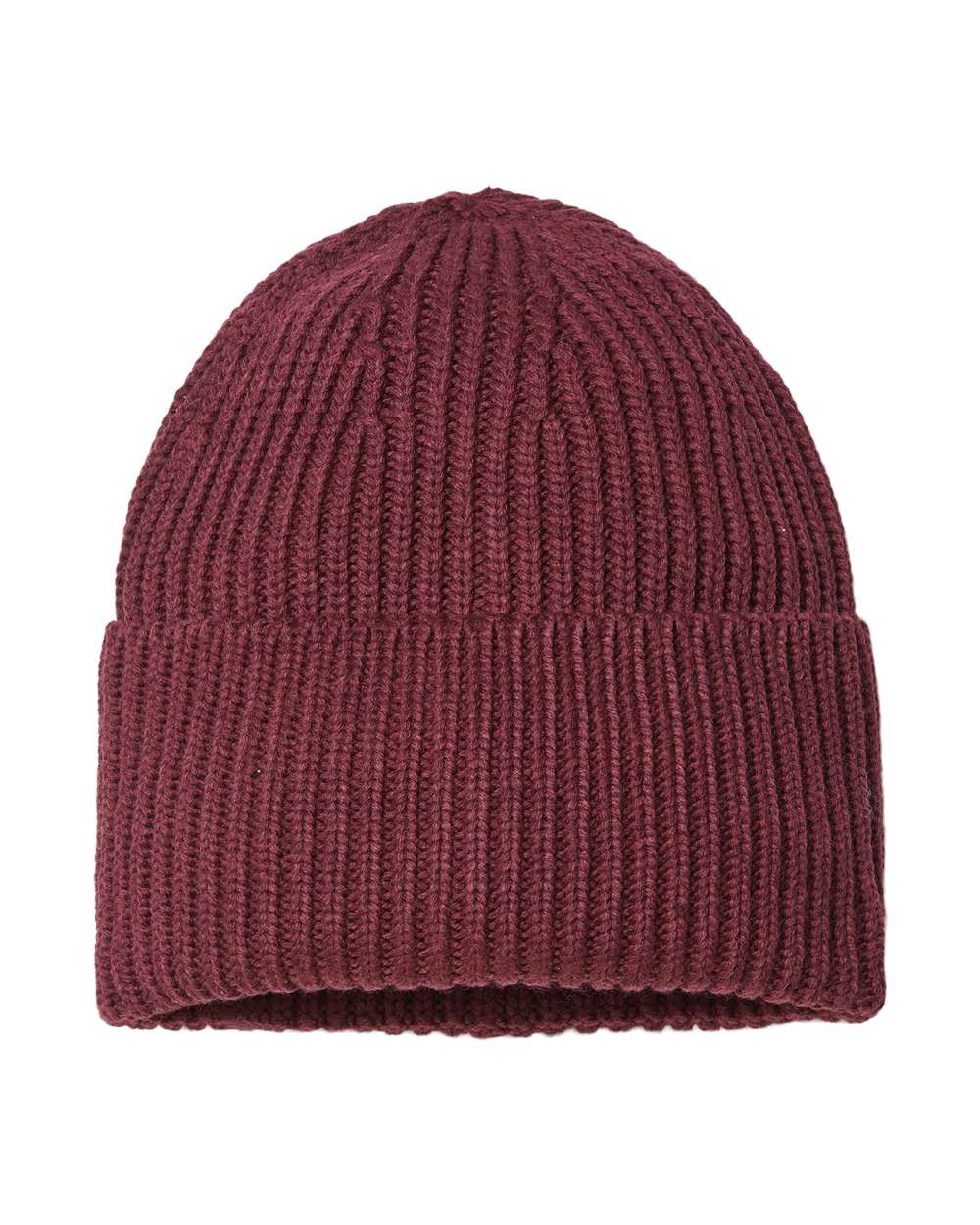 Front View of Burgundy Melange Sustainable Chunky Rib Cuffed Beanie - OAK
