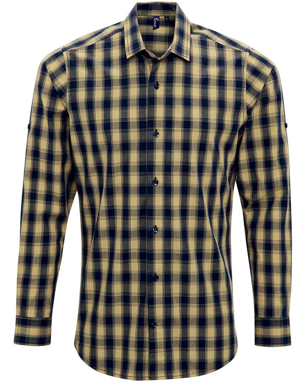 Front View of Camel/ Navy Men's Mulligan Check Cotton Shirt - RP250