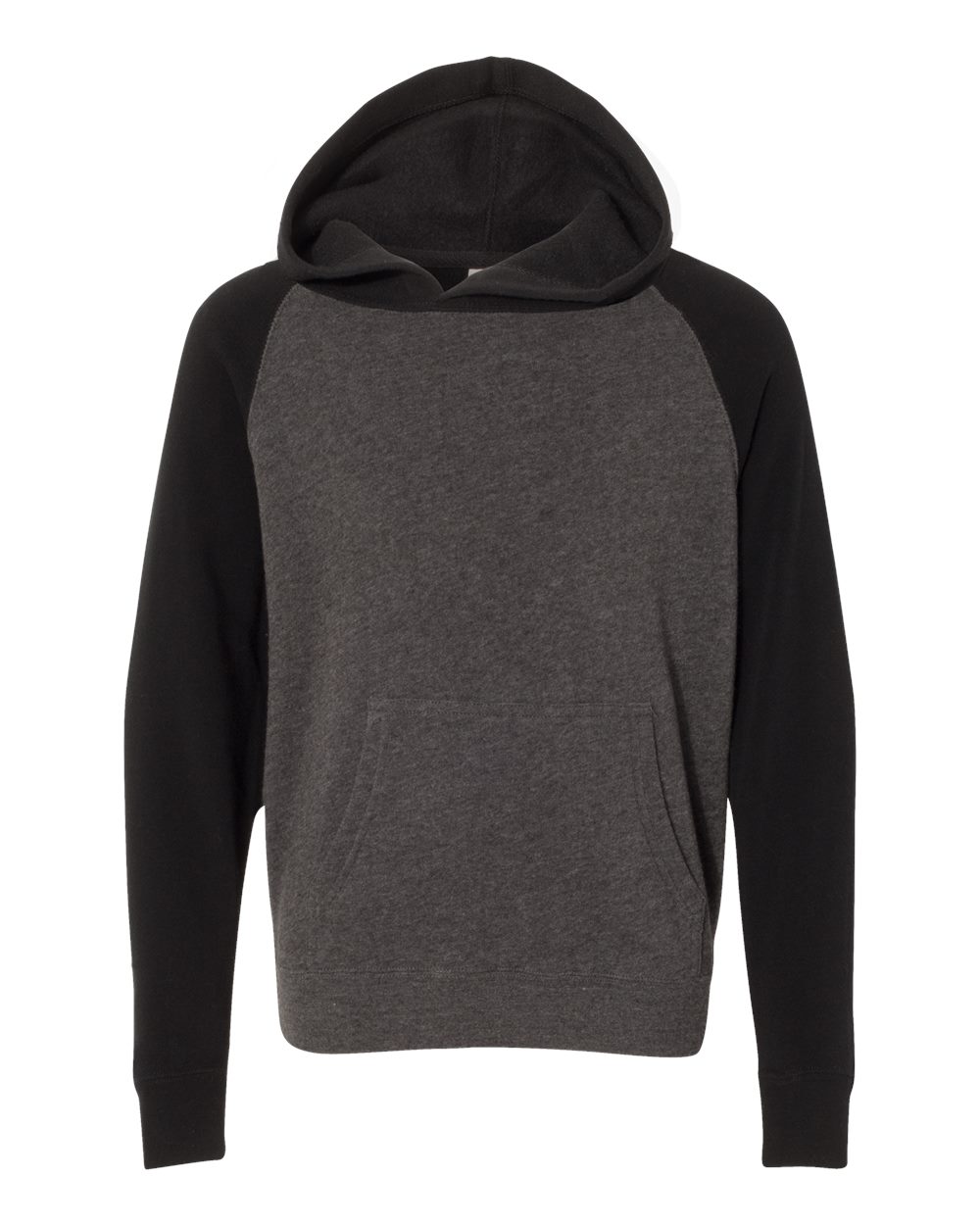 Front View of Carbon/ Black Youth Lightweight Special Blend Raglan Hooded Sweatshirt - PRM15YSB