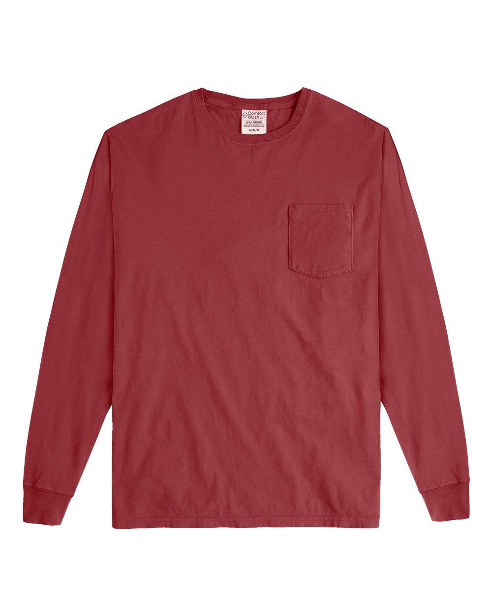 Front View of Cayenne Garment-Dyed Long Sleeve T-Shirt With a Pocket - GDH250