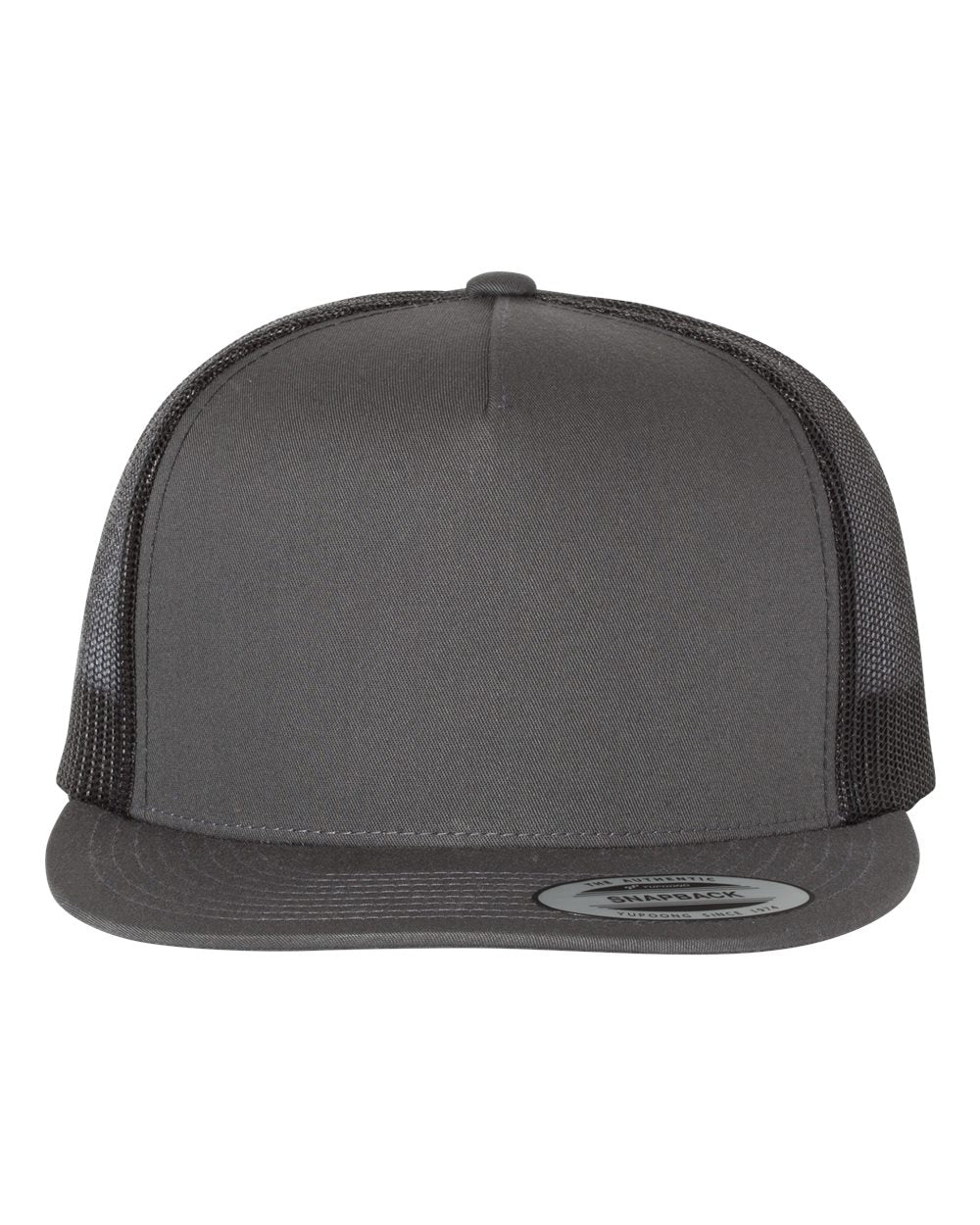 Front View of Charcoal/ Black Five-Panel Classic Trucker Cap - 6006
