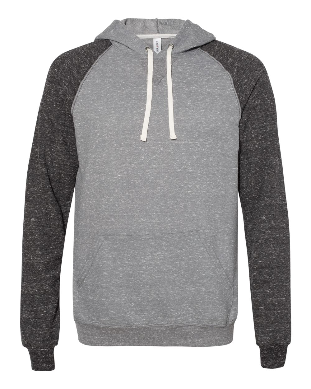 Front View of Charcoal/ Black Ink Snow Heather French Terry Raglan Hooded Sweatshirt - 90MR
