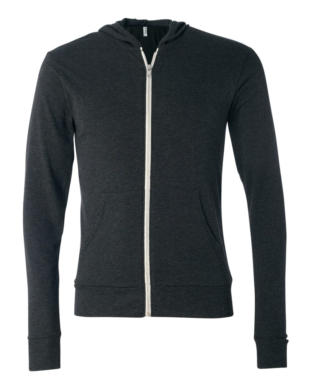 Front View of Charcoal Black Triblend Triblend Lightweight Full-Zip Hooded Long Sleeve Tee - 3939