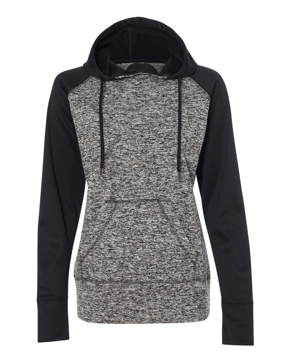 Front View of Charcoal Fleck/ Black Women’s Colorblocked Cosmic Fleece Hooded Sweatshirt - 8618