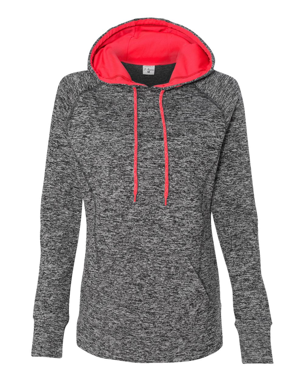 Front View of Charcoal Fleck/ Fire Coral Women’s Cosmic Fleece Hooded Sweatshirt - 8616