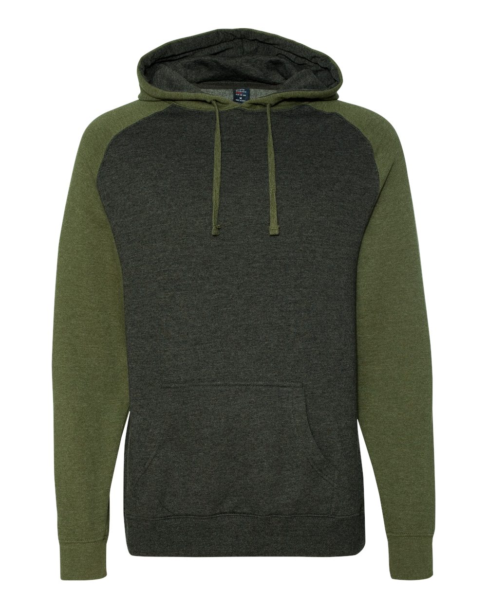 Front View of Charcoal Heather/ Army Heather Raglan Hooded Sweatshirt - IND40RP