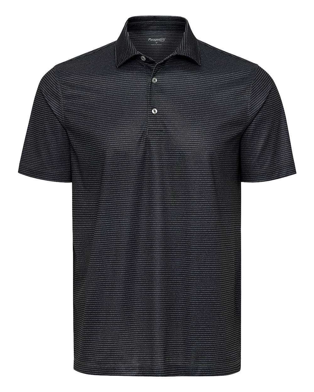 Front View of Charcoal Heather/ Black Aiken Striped Polo - 155